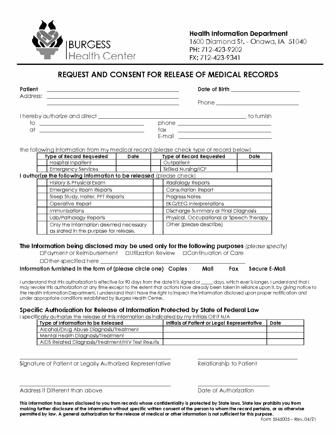 Authorization to Release Medical Information Burgess Health Center